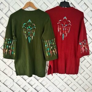 LOT Bob Mackie‎ Wearable Art Dream Catcher Feather Embroidered Cardigan Sweater